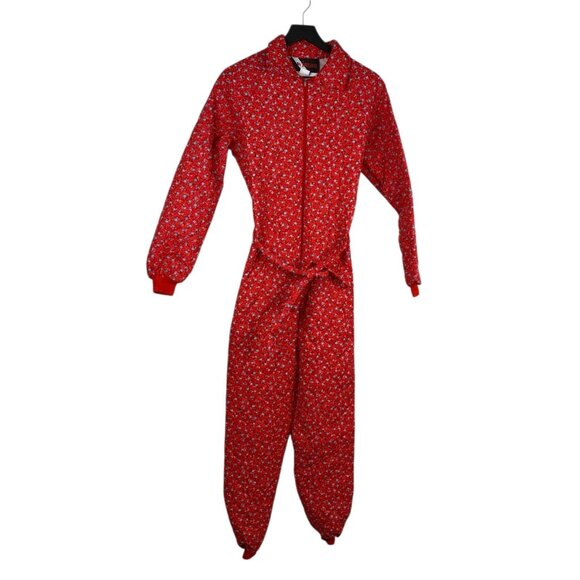 Wiman Pants - Vintage Wiman Red Floral Quilted Jumpsuit Sz Small Cottage Pajama Tie Waist 80s